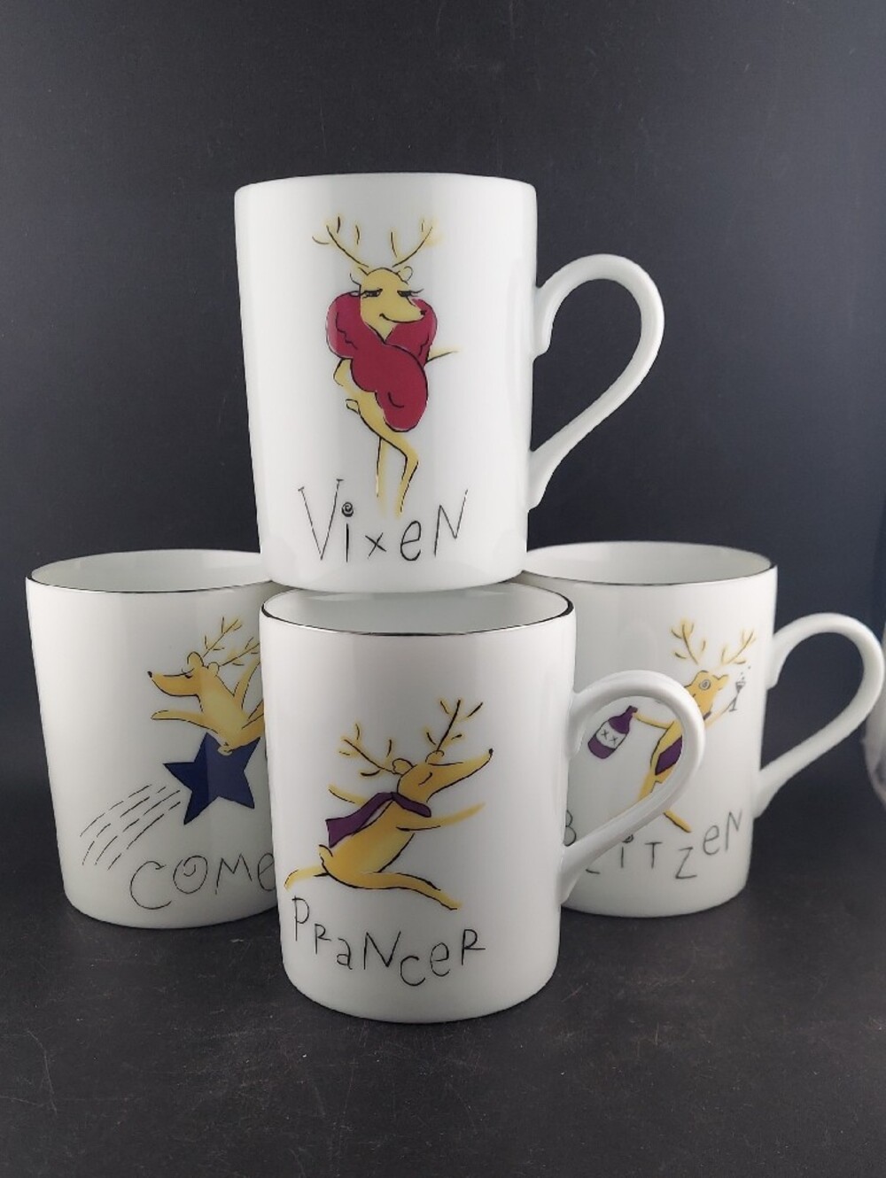 Potterybarn,Holiday Reindeer Ceramic Mug Set - White with Gold Set Og 4 NiB